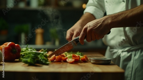 Obraz na płótnie Close-up of chef's hands slicing vegetables on wooden cutting board in kitchen. w salonie