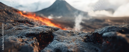 Obraz na płótnie Close-up of volcanic rock with glowing lava and a volcano in the background. w salonie