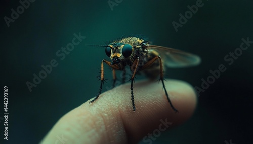 Obraz na płótnie Close-up of a fly perched on a fingertip against a blurred green background. w salonie