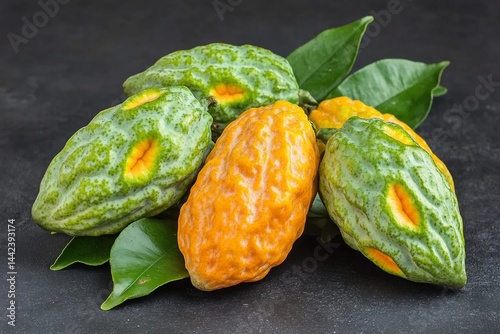 Obraz na płótnie Close-up of four ripe and unripe cacao pods with green leaves on dark background. w salonie