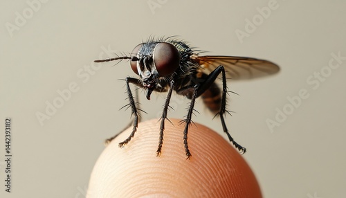 Close-up of a fly perched on a fingertip. (1)