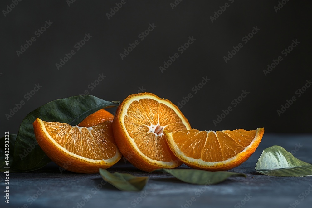 Juicy orange slices with leaves on dark background.