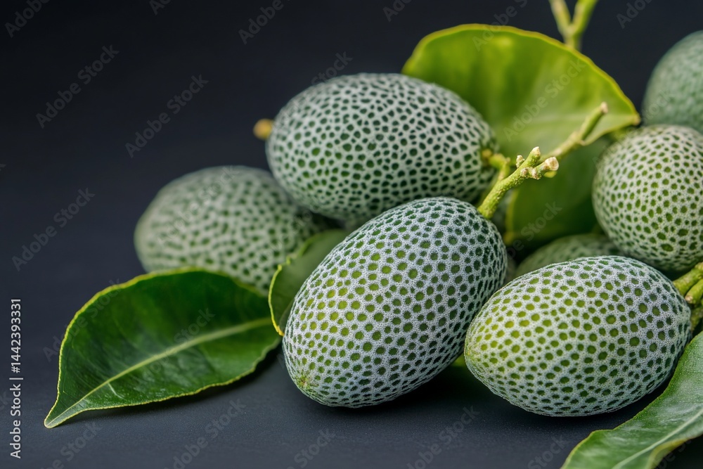 Close-up of several green kumquats with leaves on a dark background.