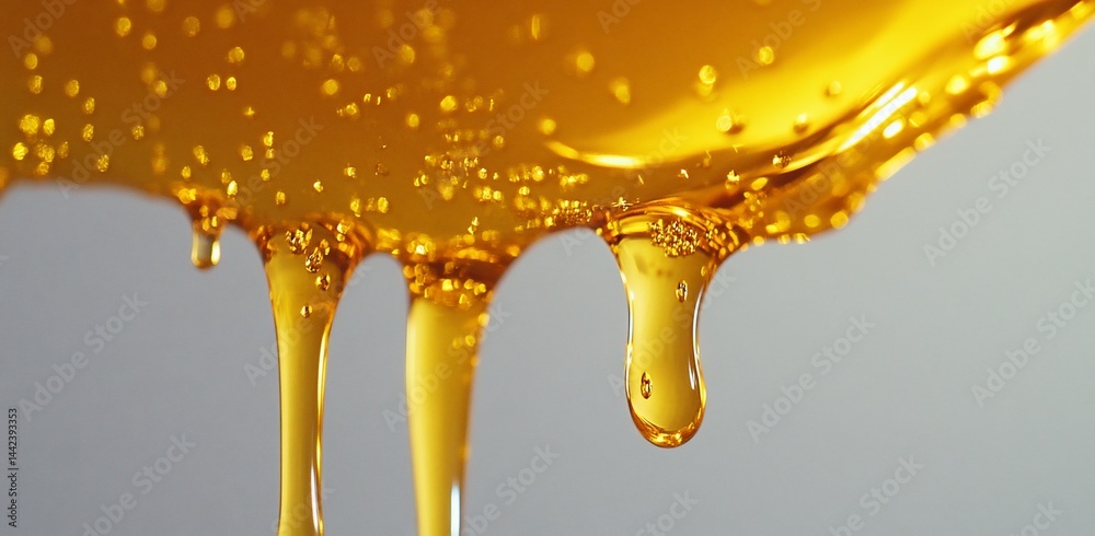 Golden honey dripping down, close-up view showing texture and viscosity.
