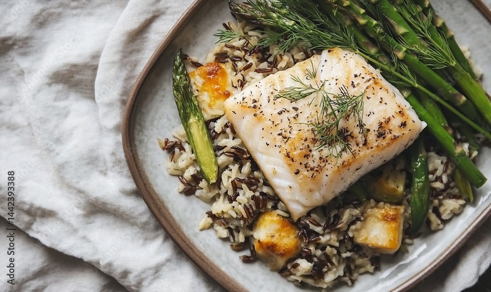 Pan-seared cod fillet served with wild rice, asparagus, and feta cheese.