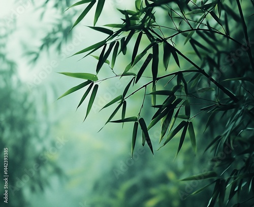 Obraz na płótnie Lush green bamboo leaves in misty forest. w salonie