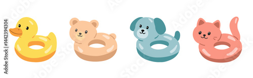 Set of cute animal swimming ring. Cartoon duck, bear, dog, and cat pool floats in pastel colors. Summer water toys for kids, beach holidays, and pool party designs. 