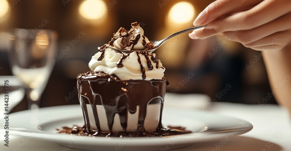 Woman's hand scoops delicious chocolate dessert with whipped cream.