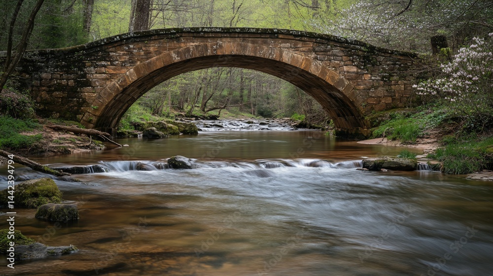 Stone arch bridge over a tranquil stream in a lush forest.