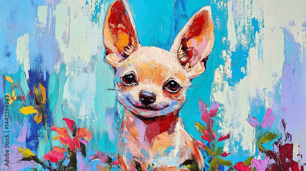Impasto painting of a smiling chihuahua amidst colorful flowers on a vibrant blue background.
