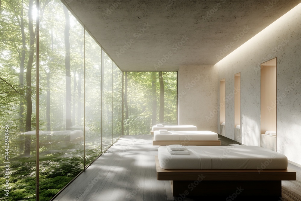 Serene spa with three beds, large windows overlooking a lush forest.