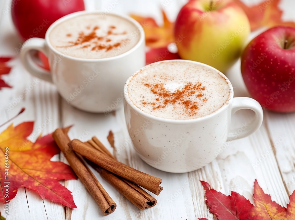 Two mugs of spiced apple cappuccino with cinnamon sticks and autumn leaves on white wooden table.