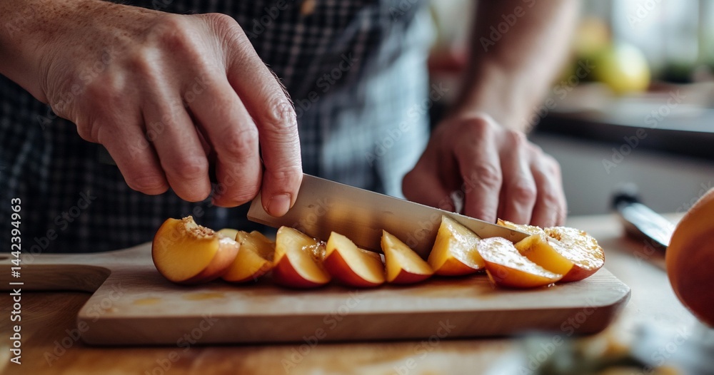 Close-up of hands slicing ripe peaches on a wooden board in a kitchen.