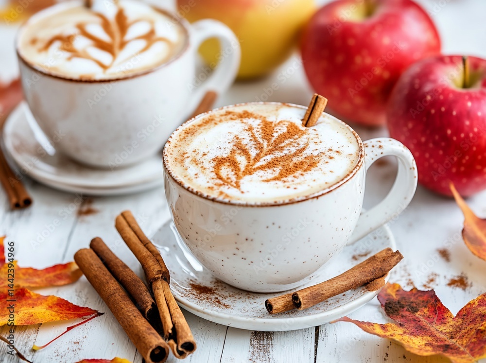 Two mugs of autumn spice latte with cinnamon sticks and apples.
