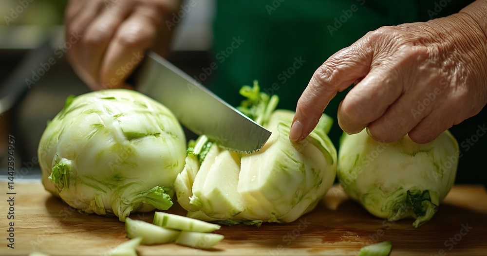 Close-up of hands slicing fresh, pale green turnips on a wooden cutting board.