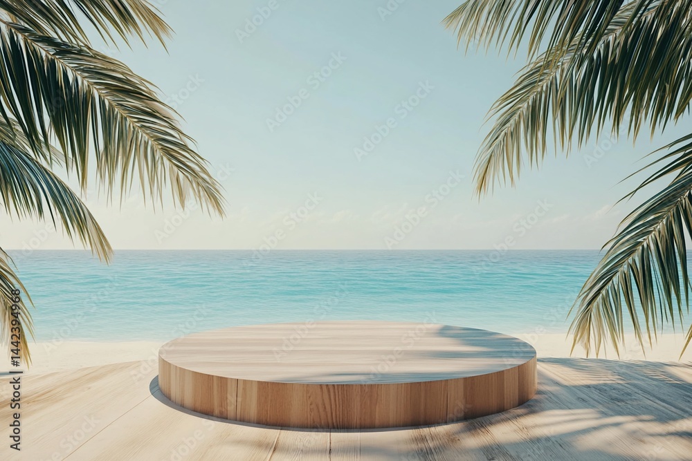 Wooden platform on beach with palm trees and ocean view.
