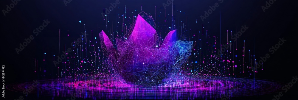 Abstract glowing crystal with vibrant purple and blue hues, surrounded by sparkling particles.