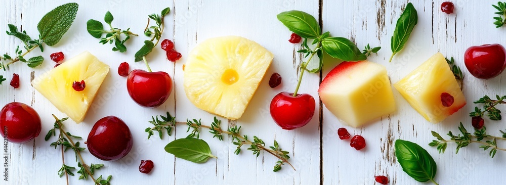Fresh pineapple, cherries, apple, pomegranate seeds, thyme, and basil on white wood.