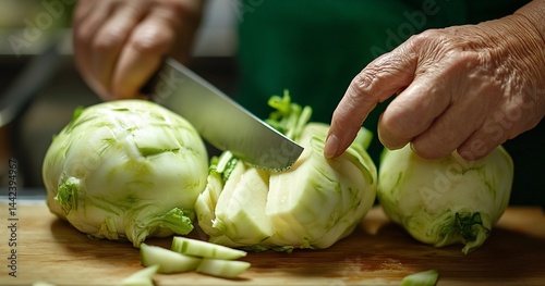 Obraz na płótnie Close-up of hands slicing fresh, pale green turnips on a wooden cutting board. w salonie