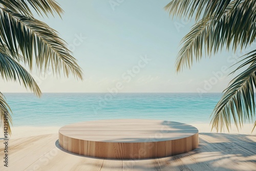 Obraz na płótnie Wooden platform on beach with palm trees and ocean view. w salonie