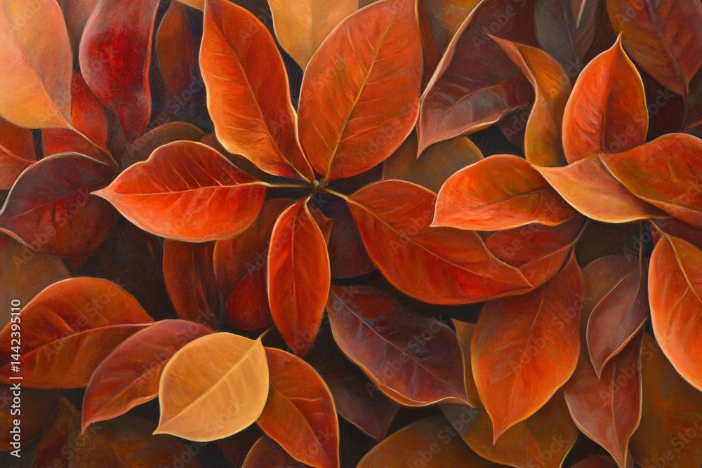Close-up of vibrant red and orange autumn leaves, intricate details, natural texture.