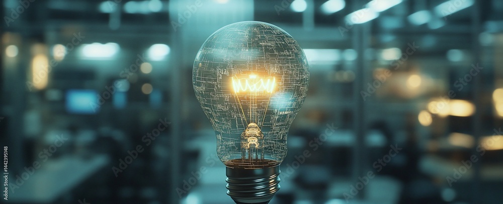Glowing lightbulb with circuitry inside, modern office background.