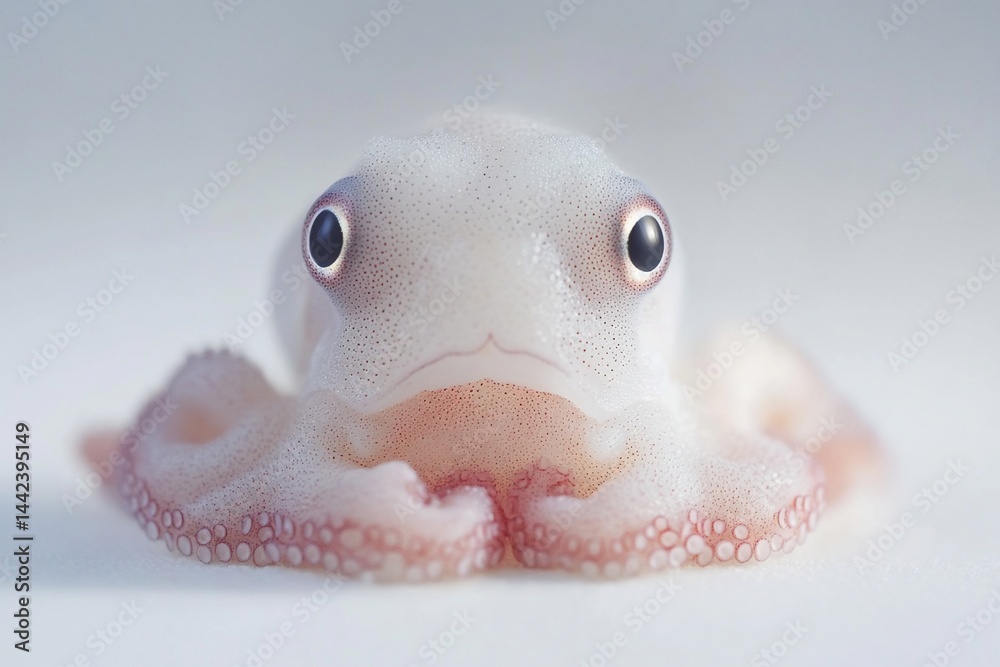 Close-up of a tiny, pale octopus with large eyes, looking directly at the camera against a light gray background.