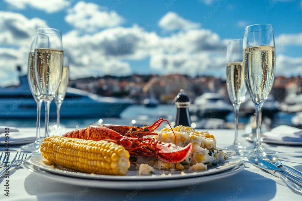 Delicious lobster, corn, and champagne on a waterfront table.