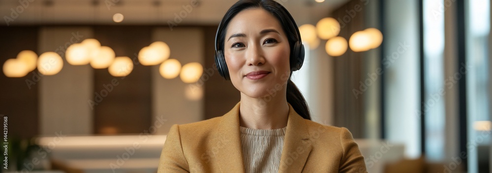 Confident businesswoman wearing headphones in modern office.