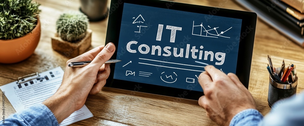 Person using tablet displaying IT consulting concept, charts, graphs, and icons.