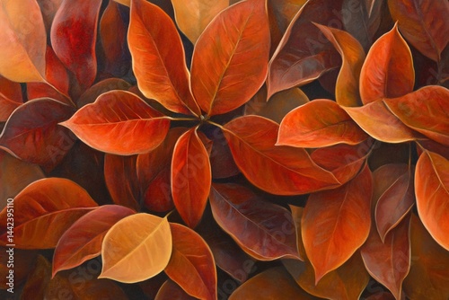 Close-up of vibrant red and orange autumn leaves, intricate details, natural texture.