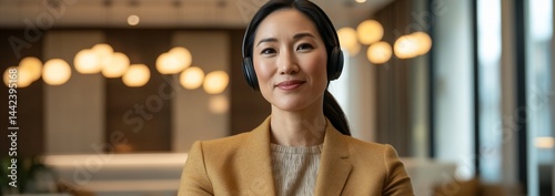 Obraz na płótnie Confident businesswoman wearing headphones in modern office. w salonie