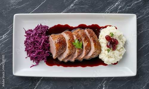 Sliced roast duck breast served with mashed potatoes, red cabbage, and berry sauce on a rectangular white plate.