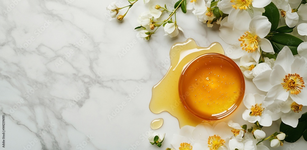 Honey in a bowl with spilled honey surrounded by white flowers on a marble background.