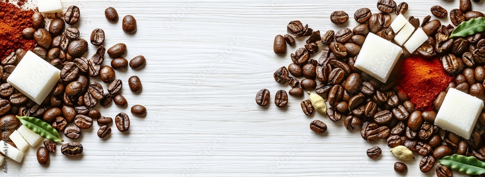Coffee beans, sugar cubes, and cinnamon powder on a white wooden surface.