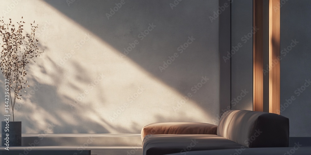 Sunlit minimalist living room interior with sofa and dried plant.