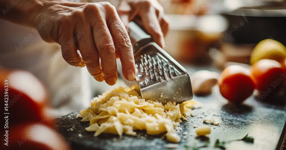 Close-up of hands grating cheese over pasta on a dark surface.