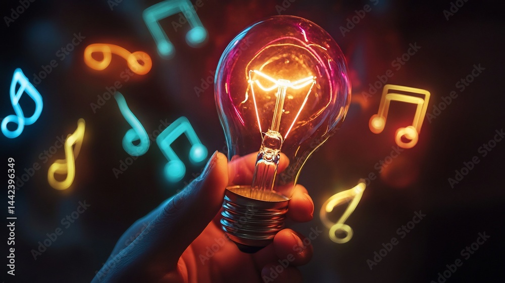 Glowing lightbulb in hand with colorful musical notes.