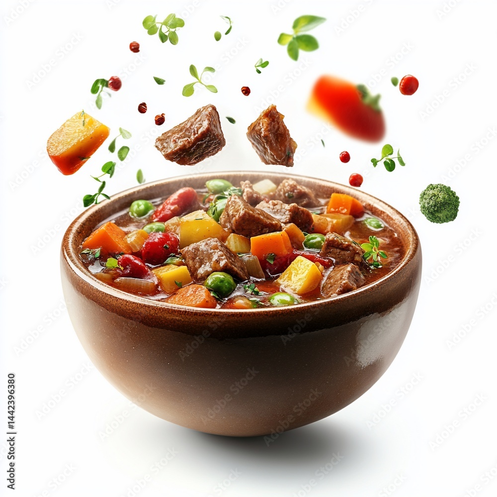 Delicious beef stew in a rustic bowl with fresh vegetables and herbs flying around it, isolated on white background.