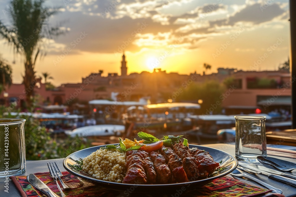 Sunset view with delicious grilled meat and couscous on a plate at an outdoor restaurant.