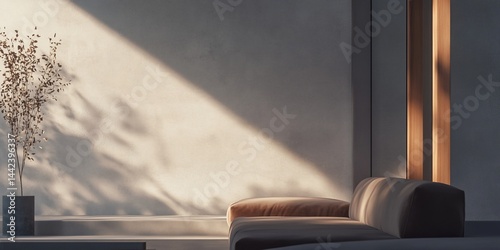 Sunlit minimalist living room interior with sofa and dried plant.
