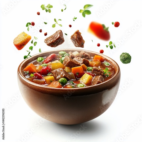 Obraz na płótnie Delicious beef stew in a rustic bowl with fresh vegetables and herbs flying around it, isolated on white background. w salonie
