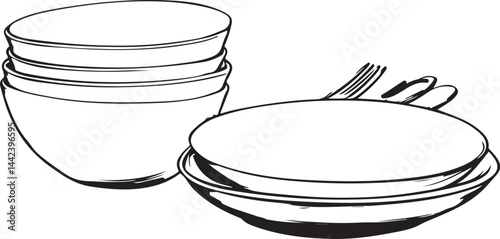 hand drawn vector illustration of plates and bowl