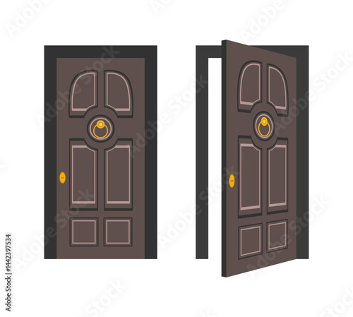 Classic brown wooden door, closed and open position