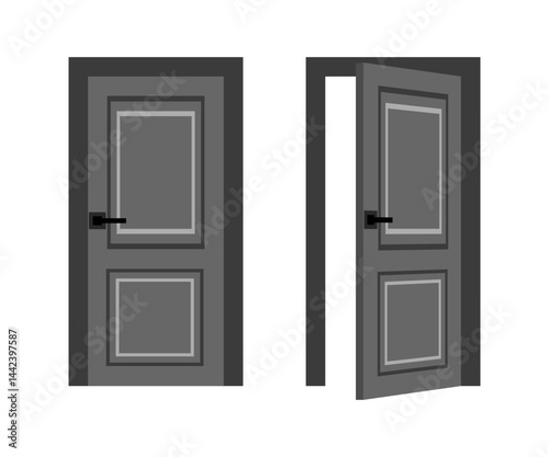 Gray door closed and open, showing an entrance and an exit in gray tones