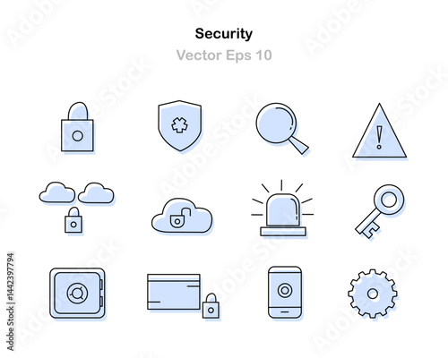 A professional icon set for digital and physical security featuring locks shields alarms and identity icons