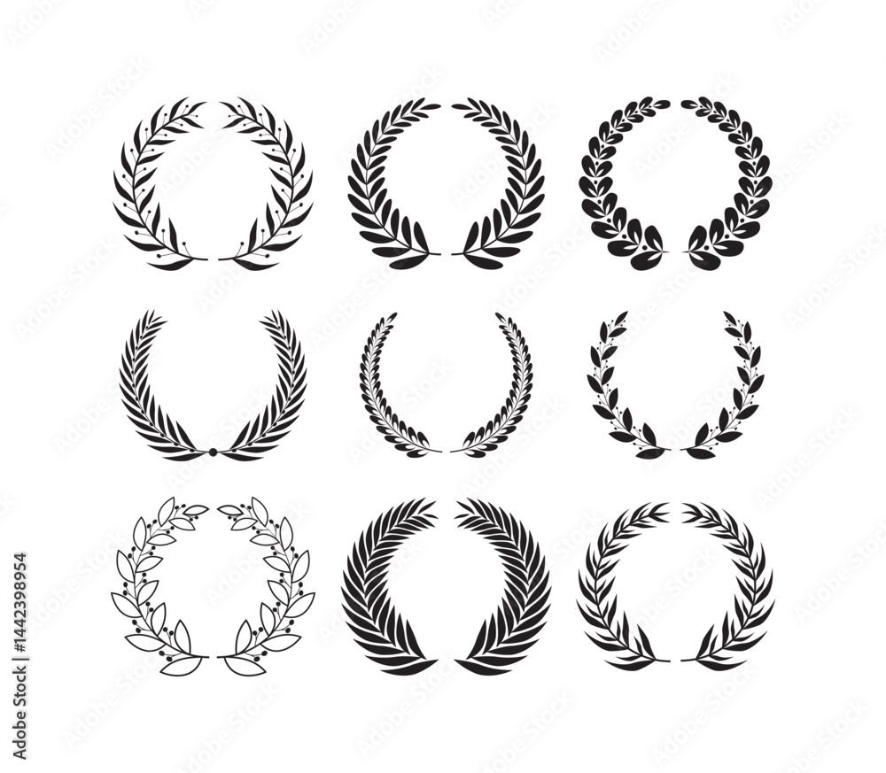 Set of nine different circular laurel wreaths, creating a sense of celebration and achievement Set of nine different circular laurel wreaths, creating a sense of celebration and achievement