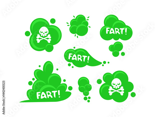 Green fart clouds with skull and crossbones, representing smelly and toxic fumes