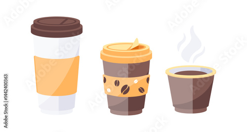 Three variations of disposable coffee cups showing different stages of use