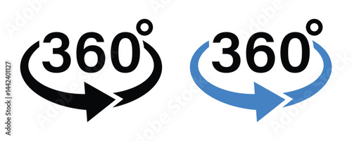 360 degree angle vector icon in black and blue. 360 degree rotating arrow symbol on white background. Vector illustration